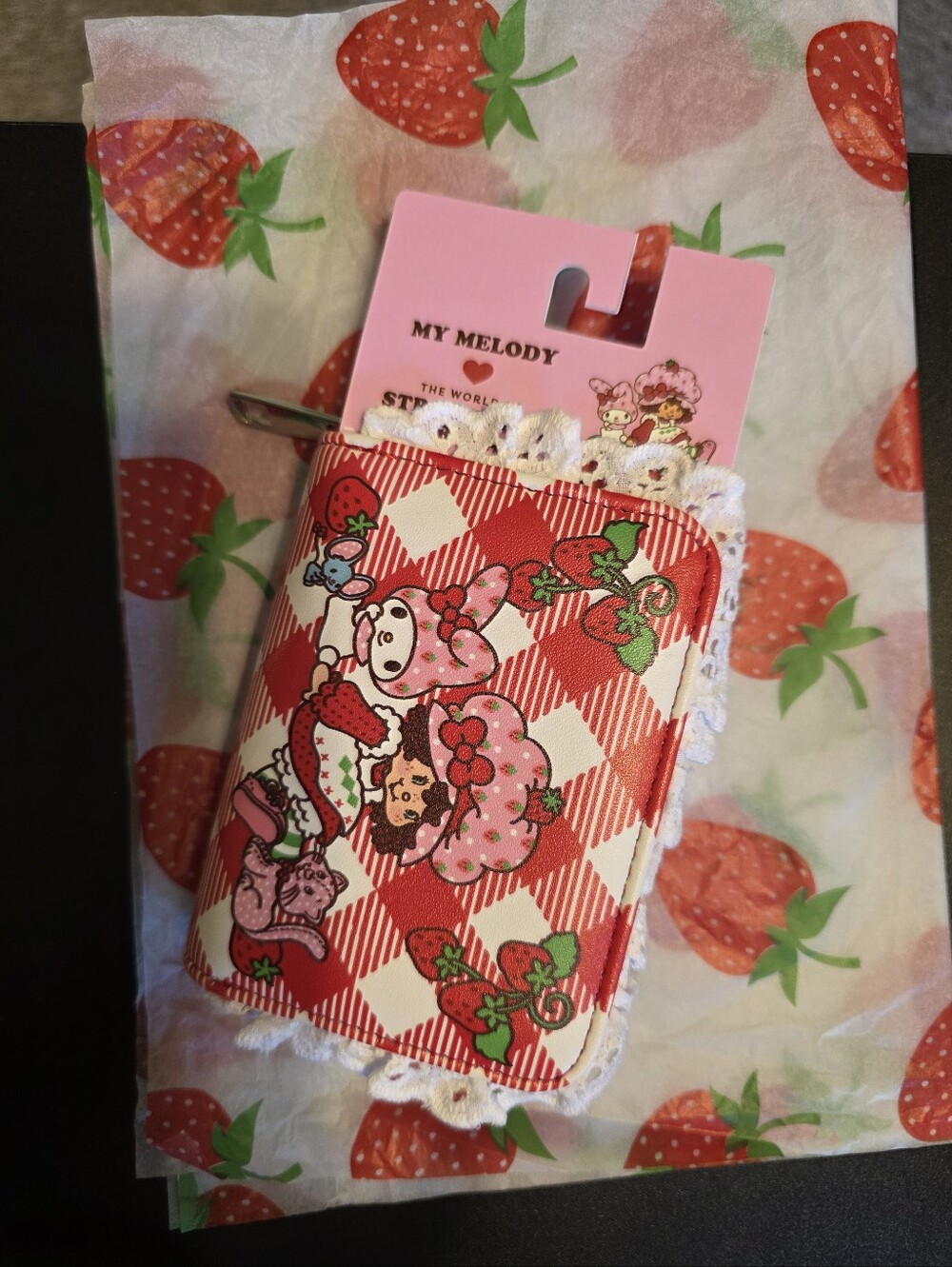 Strawberry Shortcake X My Melody Red & White Gingham Lace Trim Mini Wallet NWT